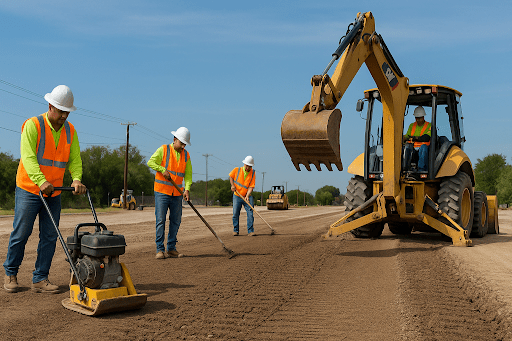 Crew grading and compacting a road base for asphalt paving in Richardson, TX.