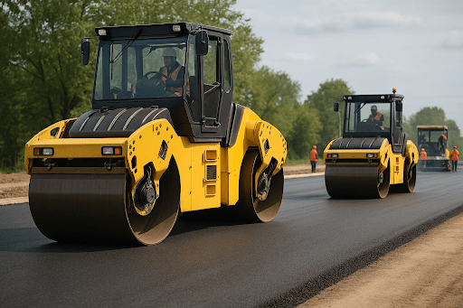 Asphalt paving crew using vibratory rollers to compact freshly laid pavement.