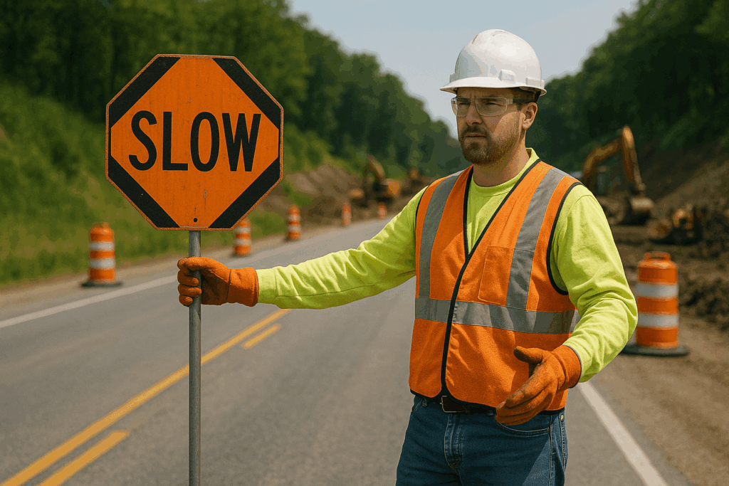 Construction worker in safety gear guiding traffic near an active work zone.