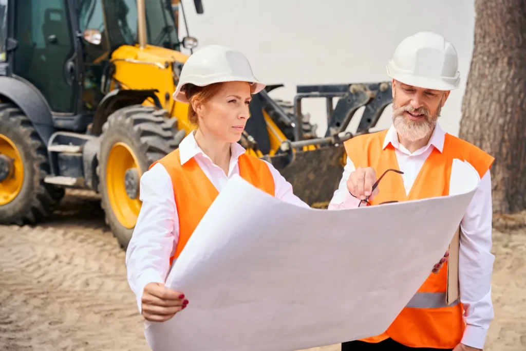 Excavation crew reviewing site plans and utility maps before trenching work.