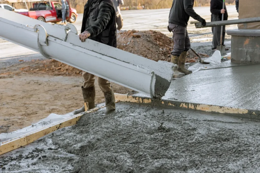 Workers pouring concrete on a highway construction site.